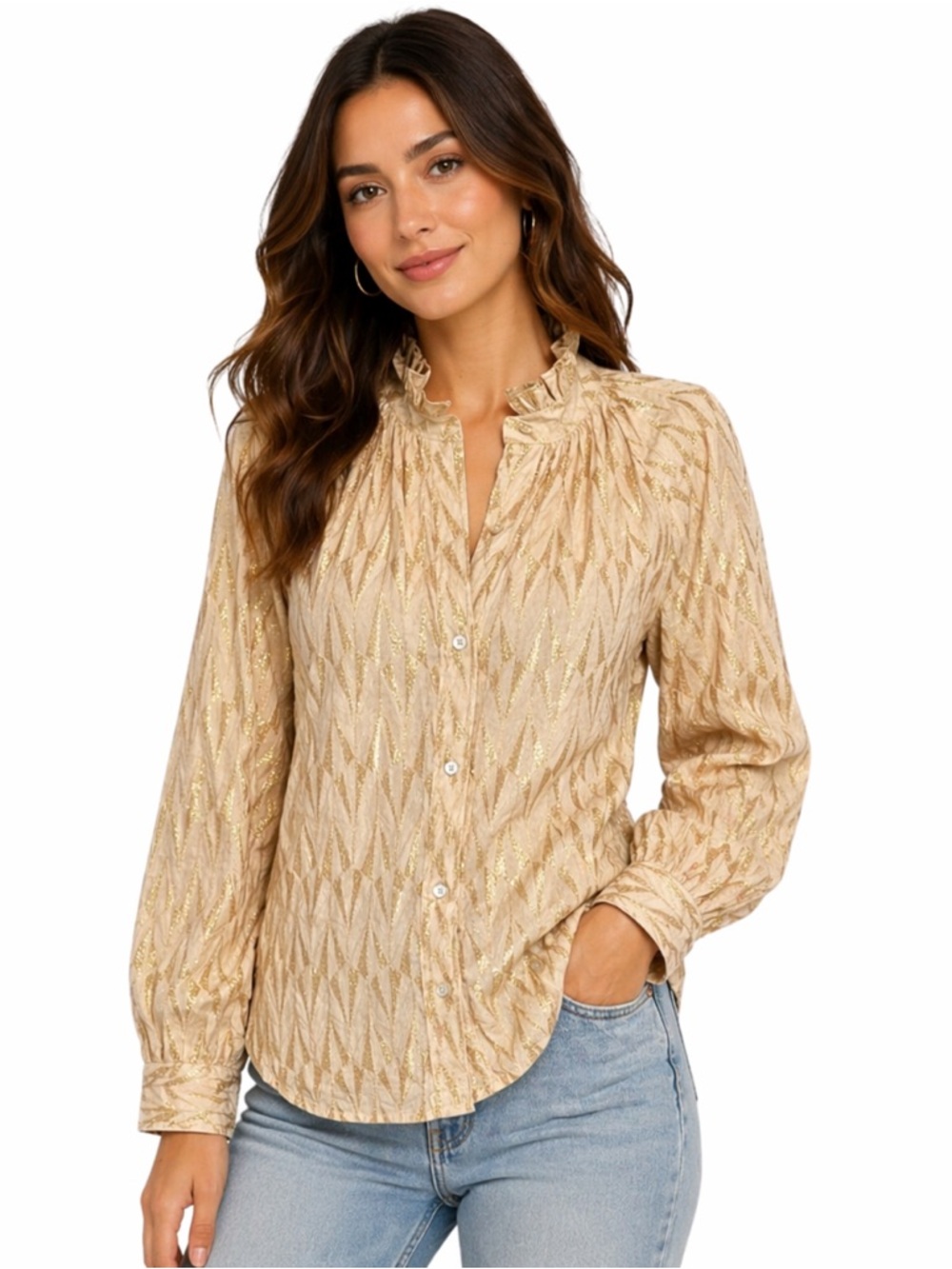 NWT LaRoque Perry Top Gold‎ Print Blouse Ruffle Collar Luxury Button Down Sz M
